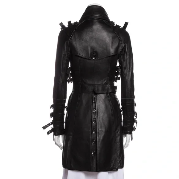 Burberry soft black leather motorcycle trench coat with strap buckles size small - Picture 3 of 6
